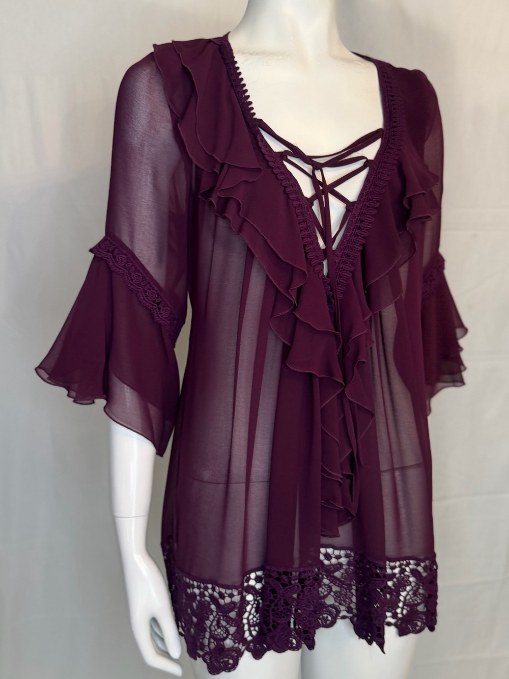 Sheer Ruffle Lace-Trim Blouse in Plum - Picture 3 of 7